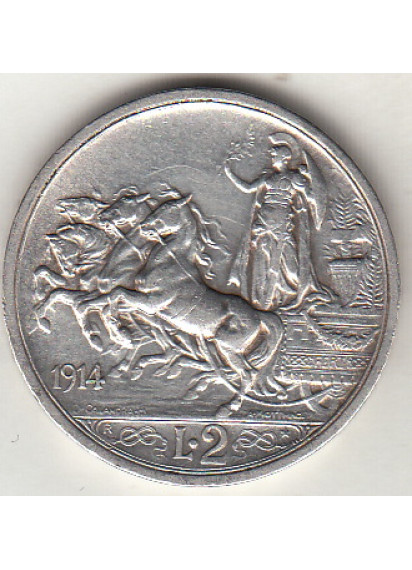1914 2 Lire Quadriga Briosa BB+ Vittorio Emanuele III